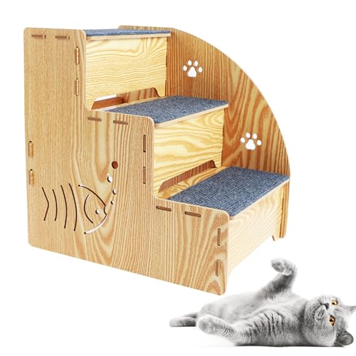 Escalera para mascotas, 3 peldaños, de madera natural, 35 cm, estable y...