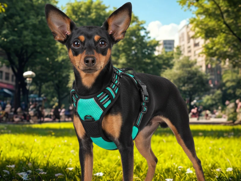 pinscher con arnes