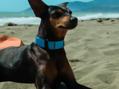 mini pinscher en verano en la playa