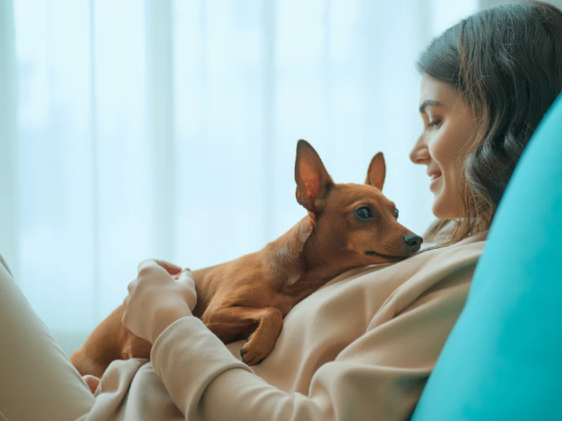 Mini Pinscher descansando tranquilo junto a su dueña en casa, símbolo de calma y bienestar tras reducir su ansiedad con rutinas diarias.