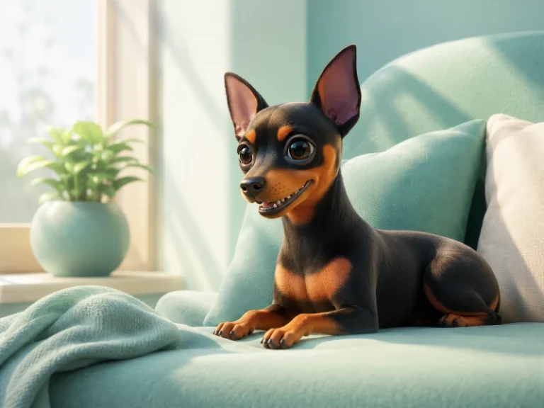 Mini Pinscher nervioso aprendiendo a relajarse en casa con una rutina calmante.