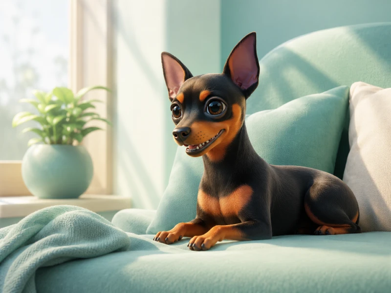 Mini Pinscher nervioso aprendiendo a relajarse en casa con una rutina calmante.