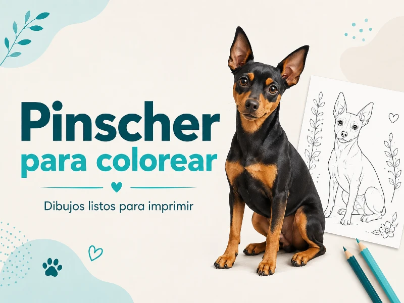 Pinscher miniatura junto a un dibujo de pinscher para colorear y lápices de colores, con el texto “Pinscher para colorear”.
