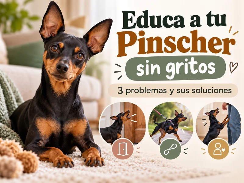 Pinscher miniatura con tres ejemplos de educación positiva para evitar ladridos, tirones de correa y saltos.