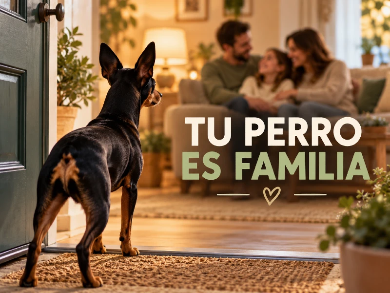 Pinscher miniatura esperando fuera de casa mientras una familia permanece en el interior. Imagen sobre la tenencia responsable y el bienestar de los perros.