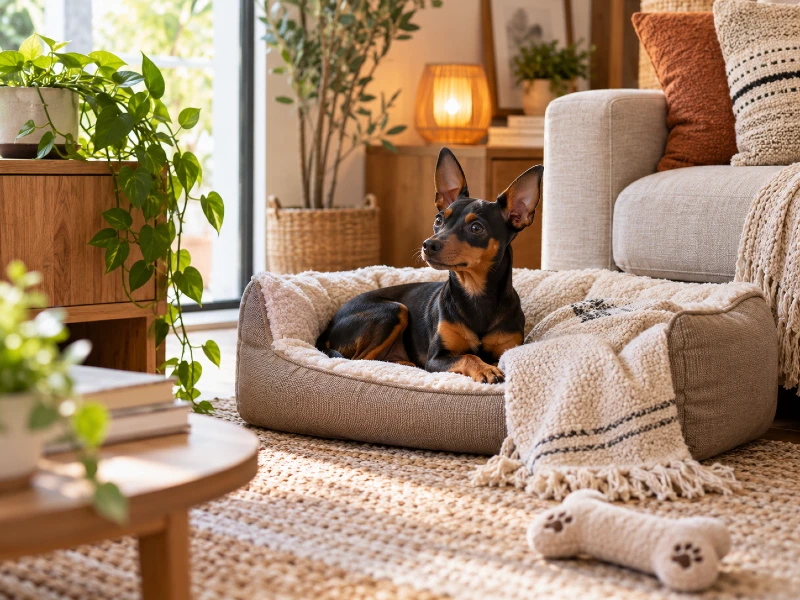 Pinscher miniatura descansando en un rincón acogedor para perros en casa